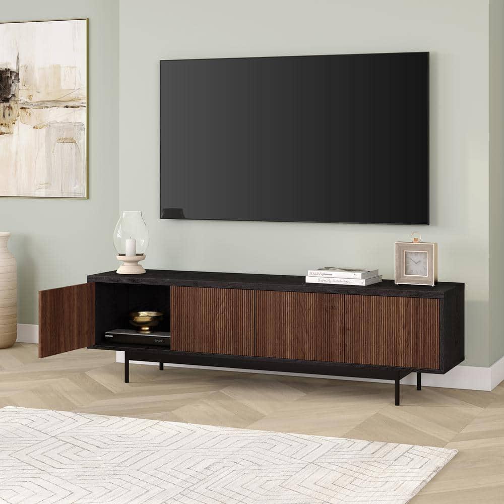 Evelyn&Zoe Whitman Transitional TV Stand For TVs up to 75", Black Grain with Satin Walnut