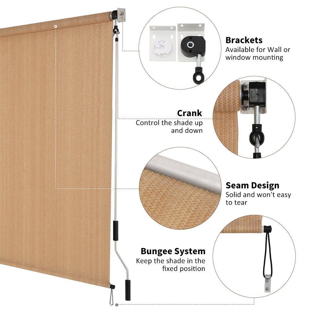 SMONTER Outdoor Sunshade Roller Shade 6'W x 6'H (72" Wx72 H), Exterior Cordless Roll Up Shades Blinds, UV Protection Shade Cloth with Crank Operation for Outside Windows Patio Porch Gazebo, Walnut