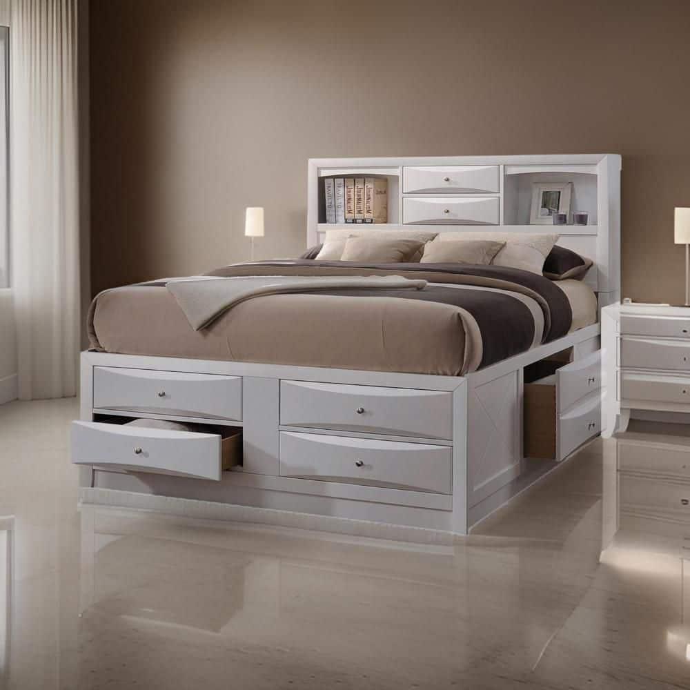 8 Drawer Eastern King Bed with Bookcase Headboard and Round Knobs  White