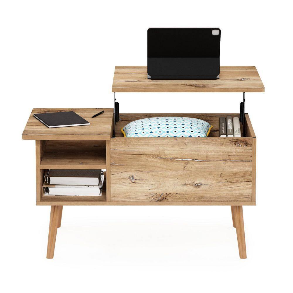 Furinno Jensen Wooden Leg Lift Top Coffee Table With Hidden Compartment and Side Open Storage Shelf for Living Room, Flagstaff Oak