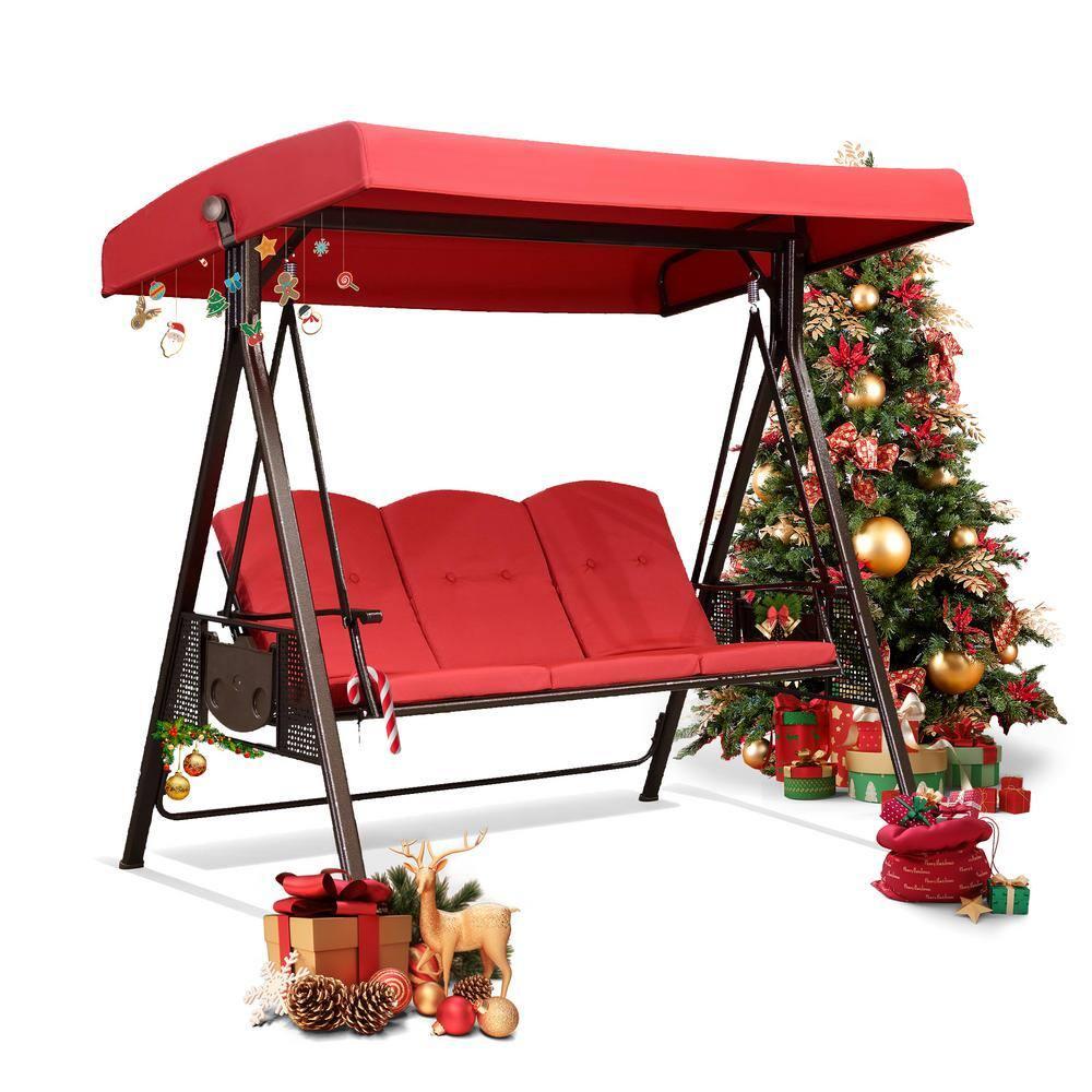PURPLE LEAF 3-Seat Deluxe Outdoor Patio Porch Swing with Weather Resistant Steel Frame, Adjustable Tilt Canopy, Cushions and Pillow Included, Terra
