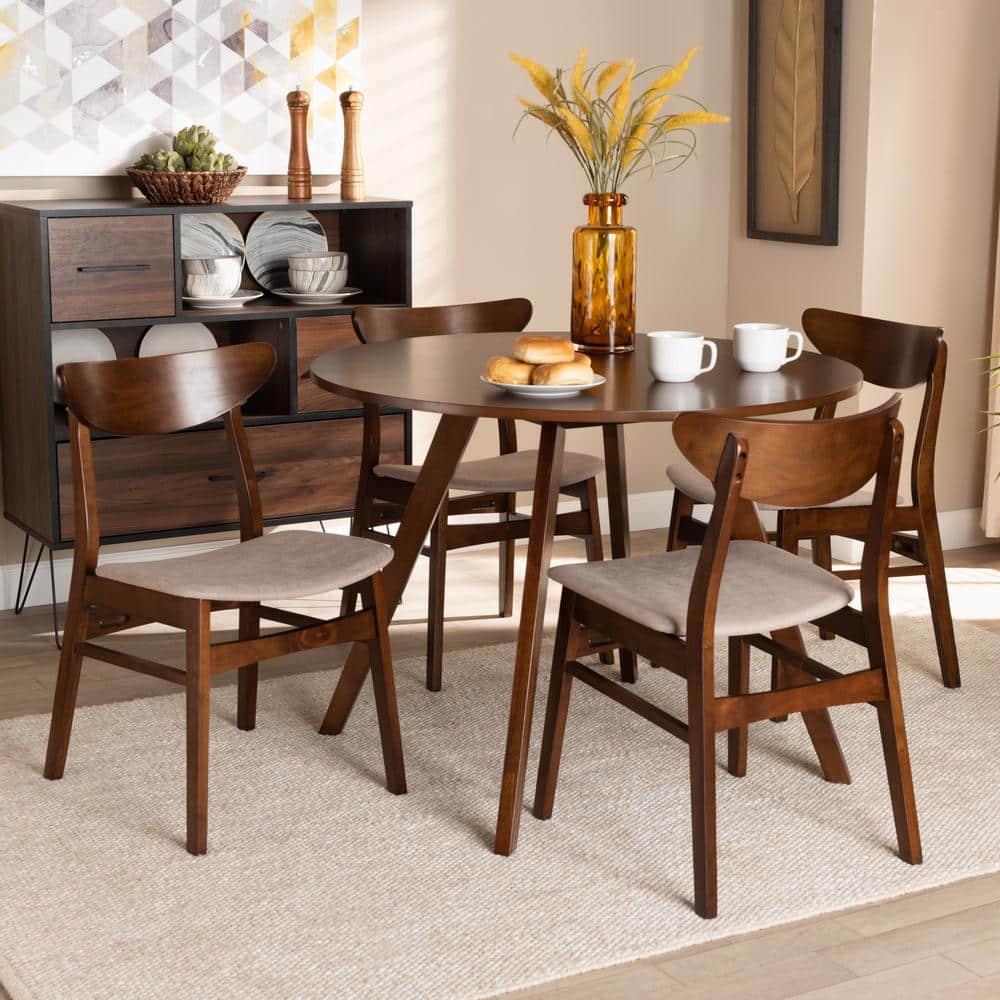 Philip Mid-Century Modern Transitional Light Beige Fabric Upholstered and  Wood 5-Piece Dining Set