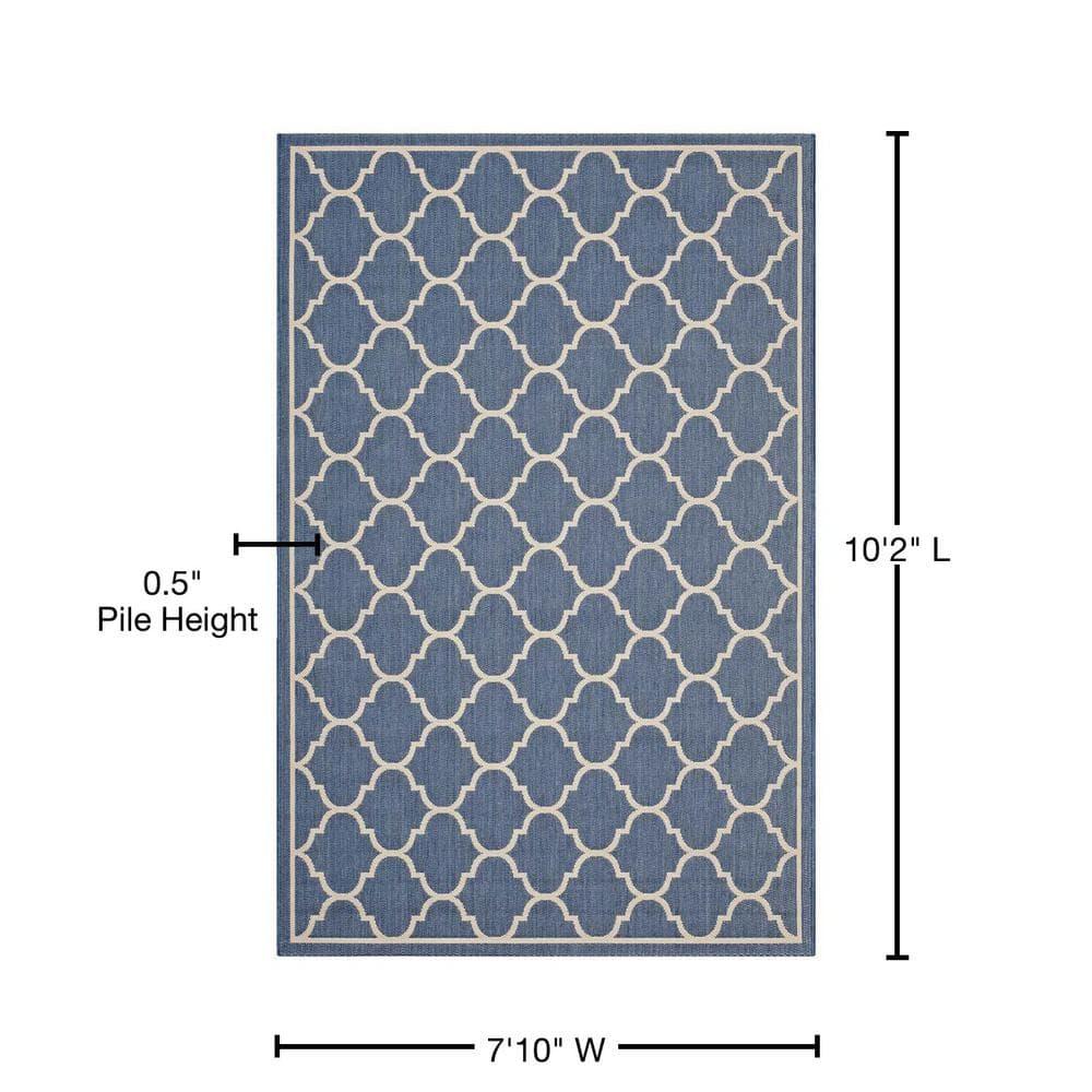 Modway Avena Moroccan Quatrefoil Trellis 8x10 Indoor and Outdoor Area Rug - Blue and Beige,  100% Soft Polypropylene ,  Tight Low Pile Weave