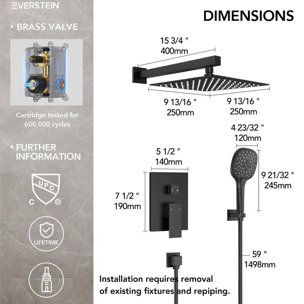 YAWWALK 10" Shower Head with 3-Spray Patterns Handheld in Matte Black (Valve Included)