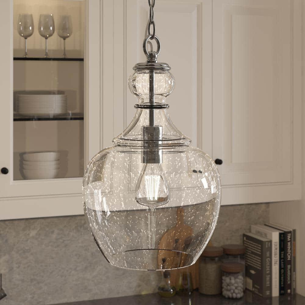 Evelyn&Zoe 11" Brushed Nickel Finish Metal/Glass Pendant
