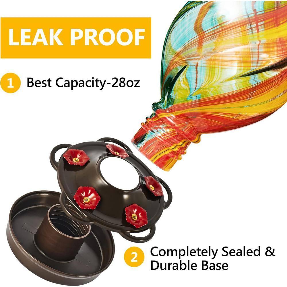 LUJII Spiral Shaped Hand Blown Glass Hummingbird Feeder with Ant Moat for Outdoors Hanging, 28 fl.oz, Leak Proof & Rustproof (Ribbon)