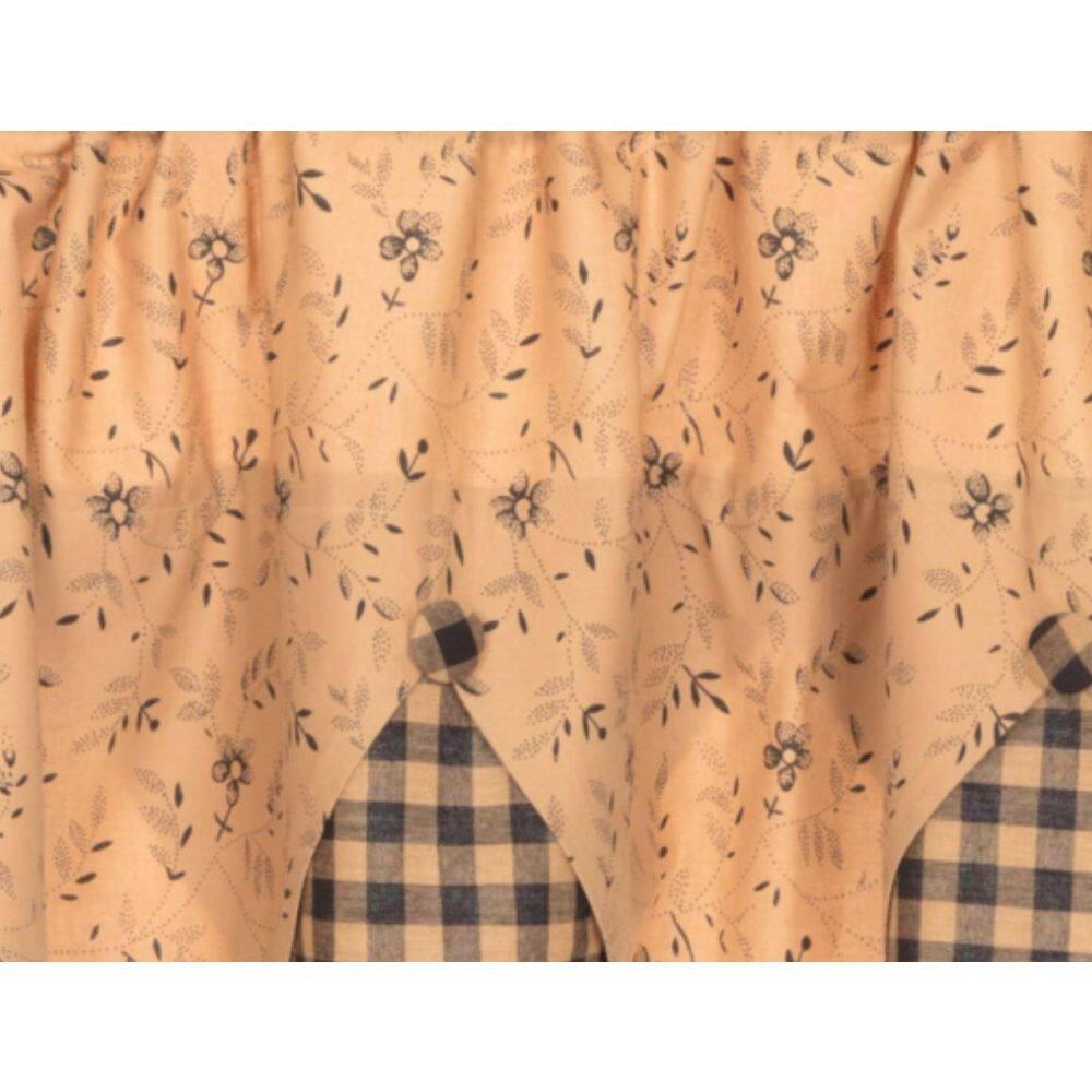 VHC Brands Maisie Primitive 18"x60" Valance Tan Rod Pocket Buttons Cotton Floral/Flower Hanging Loops Kitchen Window Curtains
