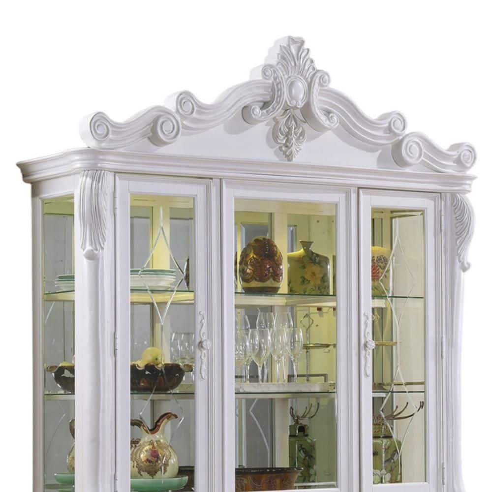 Benjara Zenie Buffet Cabinet and Hutch, Classic Carved Details, White Solid Wood