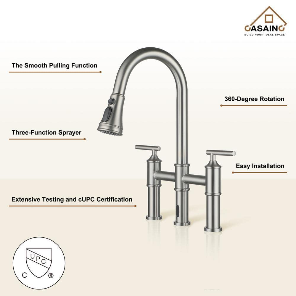 Double Handle Pull-Out Sprayer Bridge Kitchen Faucet with Infrared Sensor in Brushed Nickel