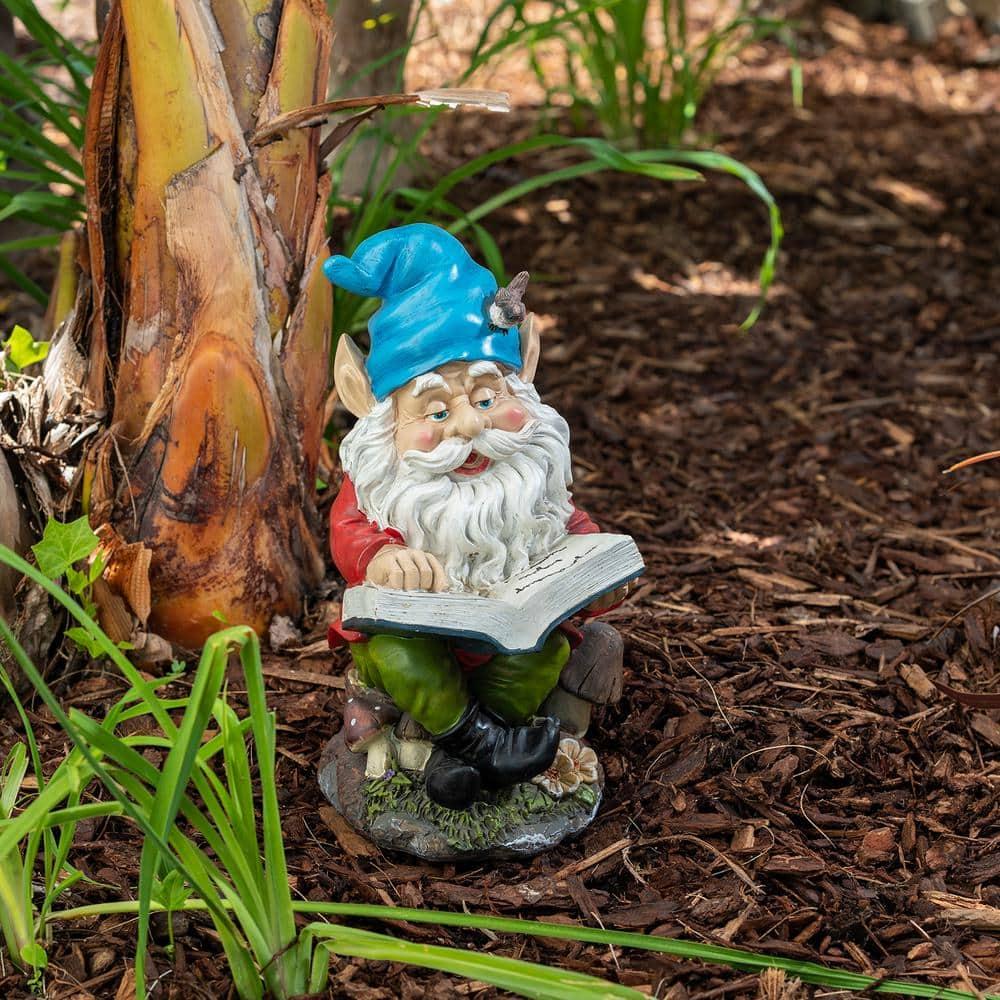 Alpine Corporation 14" Tall Outdoor Garden Gnome Reading a Book Yard Statue Decoration