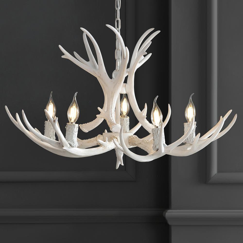 JONATHAN Y Eldora 30" Adjustable Resin Antler 5-Light LED Chandelier, White