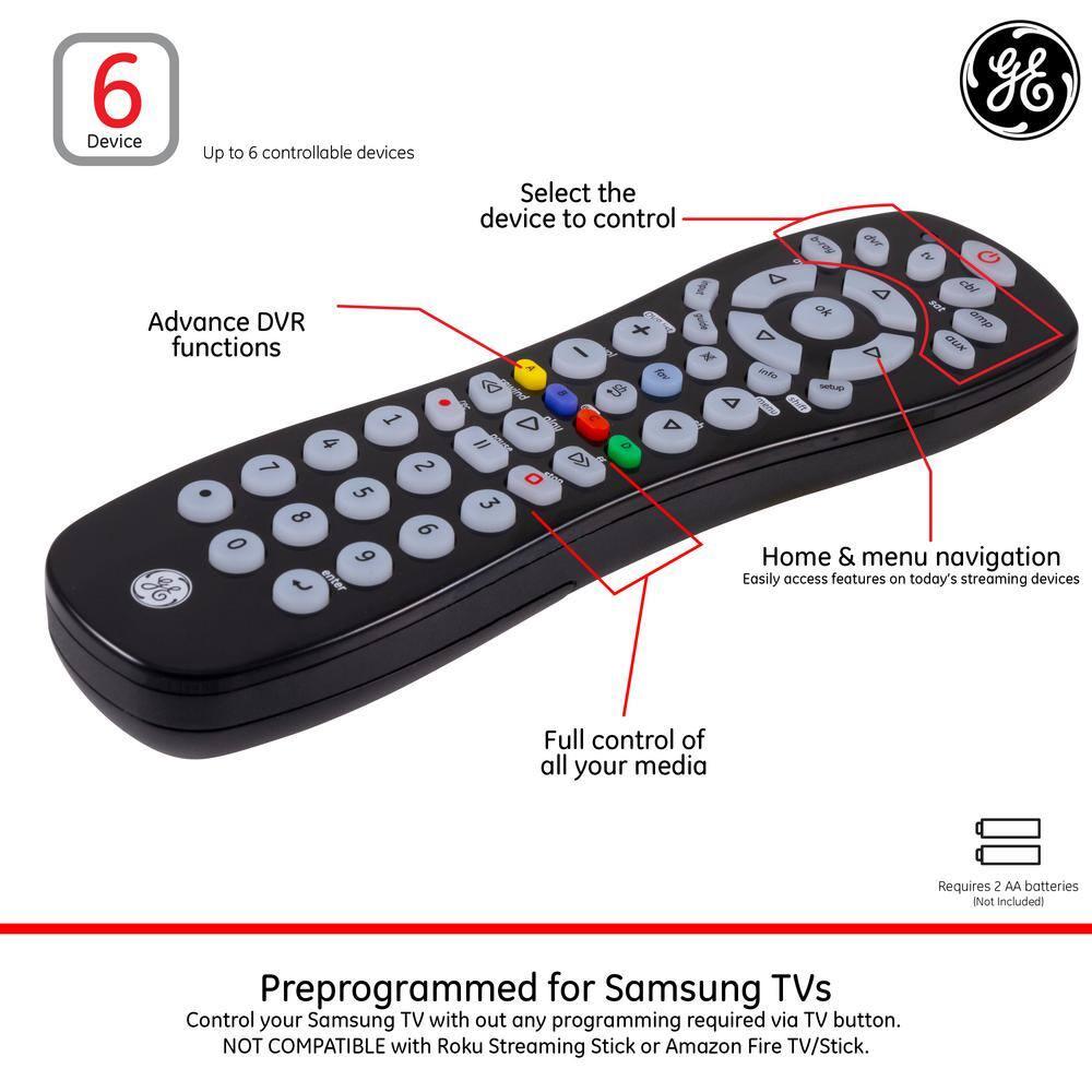 GE 6-Device Universal TV Remote Control in Black, 34459