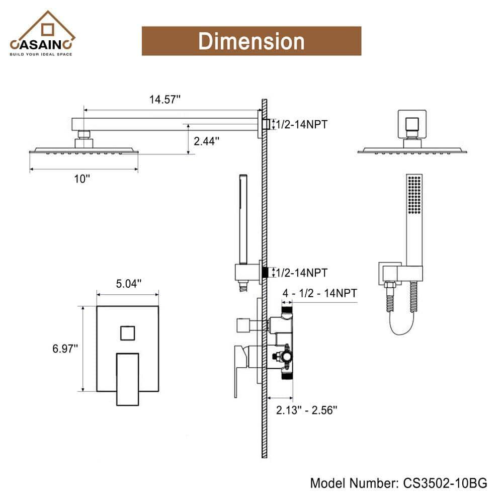 CASAINC 10'' Wall Mounted Shower System with Handheld Sprayer, Brushed Gold