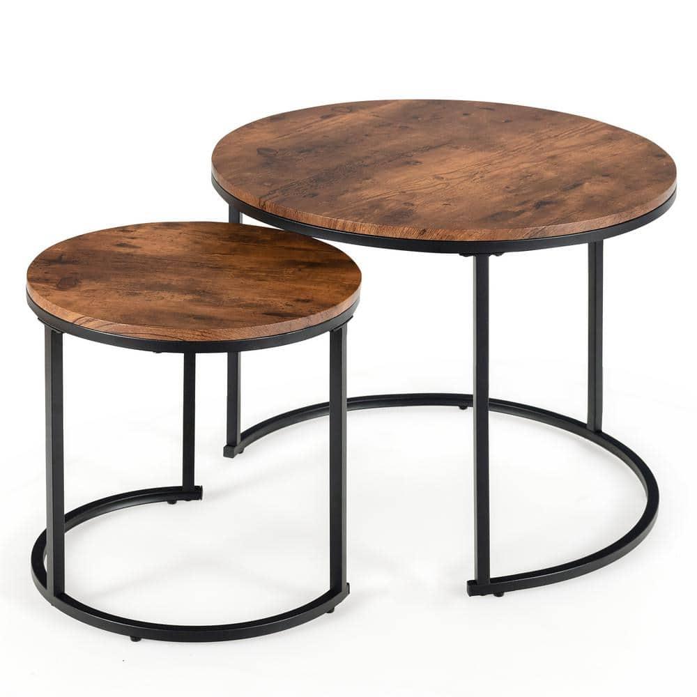 Costway Nesting Coffee Table Set of 2 for Balcony Living Room Modern Round Side Tables Rustic Brown