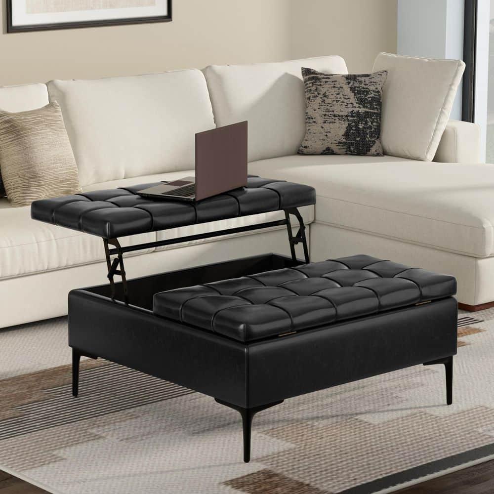 Simpli Home Laura 36"W Upholstered Square Storage Ottoman with Split Lift Top and 2 Storage Compartments