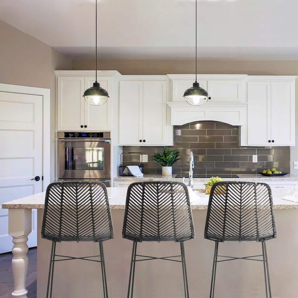 Storied Home Rattan Bar Stool Black: Wrought Iron Frame, Fixed Height, Spot Clean, Adult Use