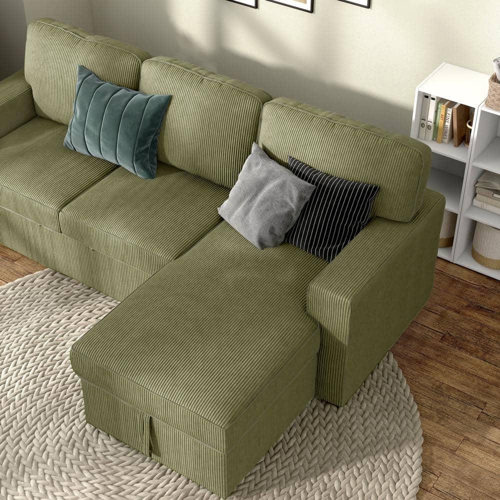 HOMES: Inside + Out Paeke Sleeper Sectional Sofa Corduroy with Storage Chaise and Reversible Green