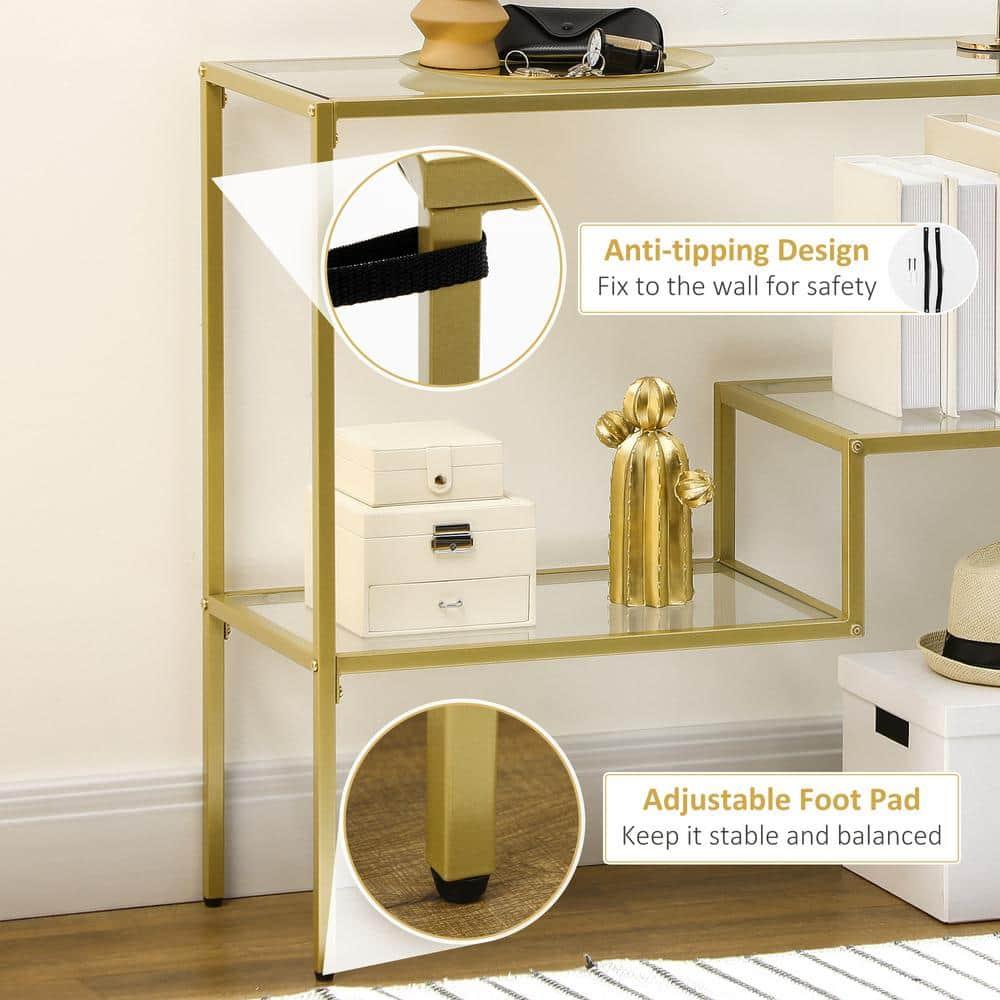 HOMCOM Gold Console Table, 39" Tempered Glass Behind Sofa Table, Narrow Entryway Table with Storage Shelves, Steel Frame Glass Table