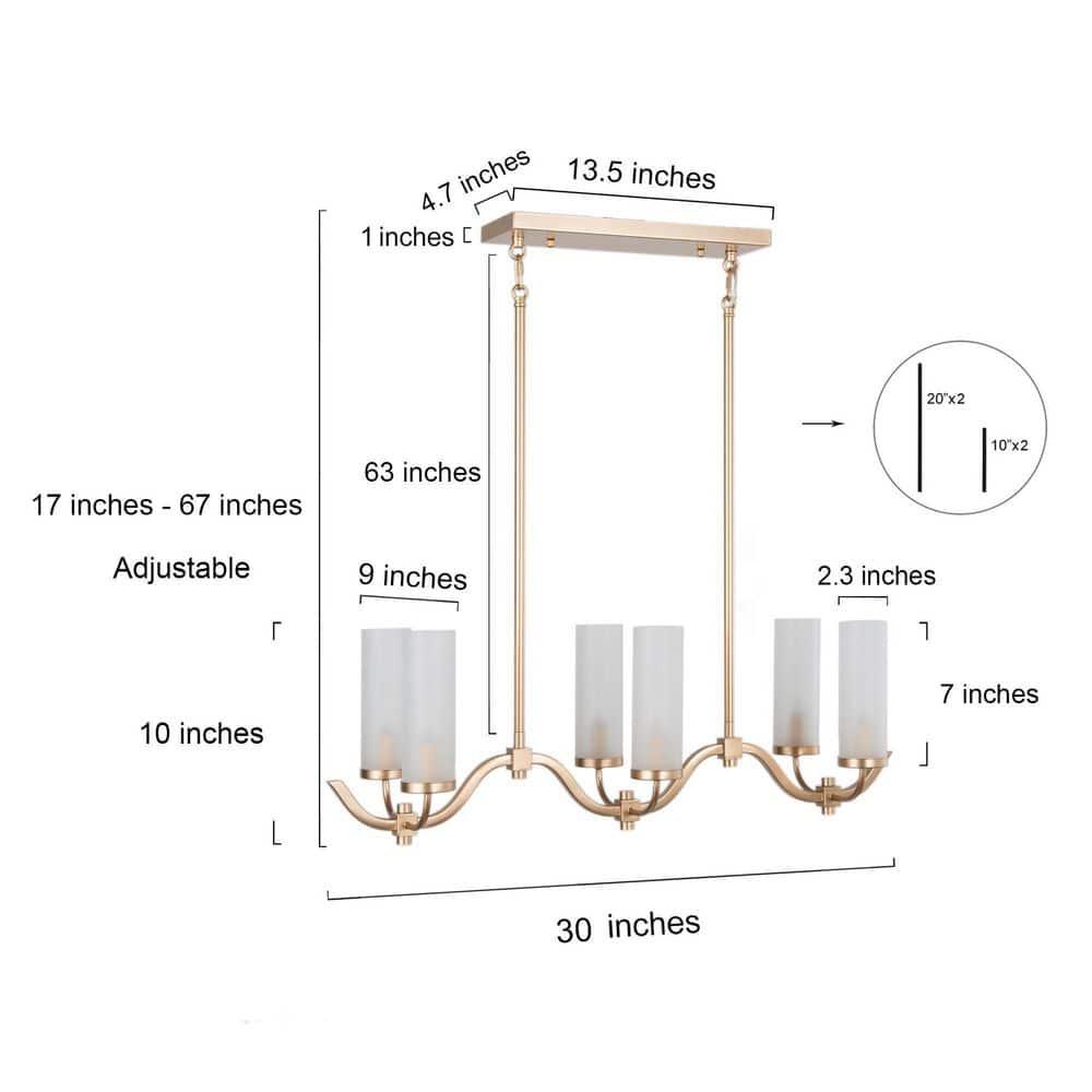 Modern Gold Linear Island Chandelier 6-Light Candlestick Chandelier with Cylinder Frosted Glass Shades