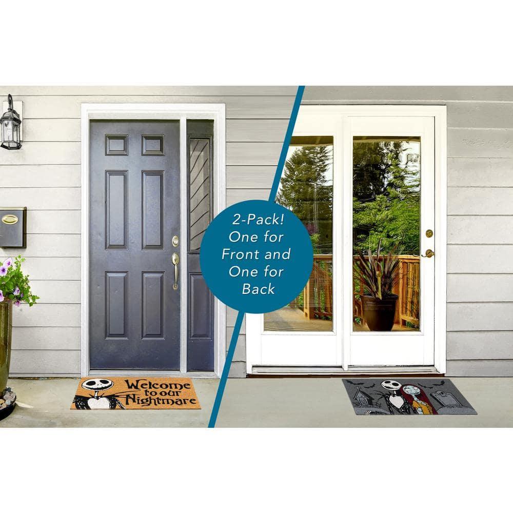 Disney Nightmare Before Christmas Jack Sally Welcome Black White Natural Graphic Non-Slip Indoor/ Outdoor Coir Door Mat 2-Pack, 20x34 (Set of 2)