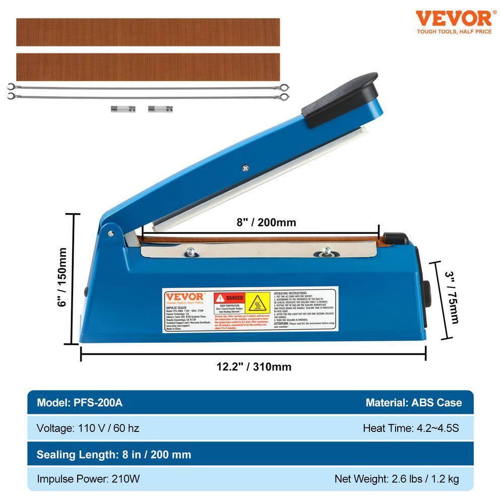 VEVOR 8-Inch Impulse Sealer, Adjustable Heat Manual Sealing Machine for Plastic, Mylar, PE, PP Bags - Portable Shrink Wrap Sealer with Extra Replacement Kit