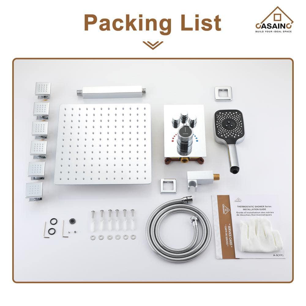 Revitalize 3-Function 12 Inch Ceiling Mount Rainfall Thermostatic Shower System with 6 Body Jets