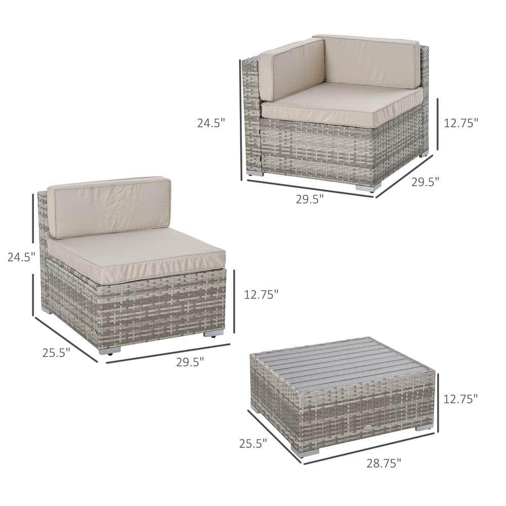 Outsunny 7-Piece Patio Furniture Set, Outdoor Wicker Conversation Set, All Weather PE Rattan Sectional Sofa w/ Faux Wood Table, Stripe Pillows, Beige