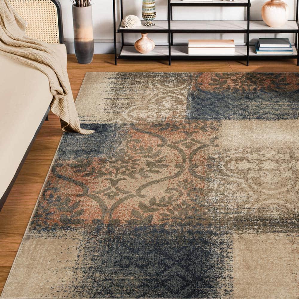 Superior Bristol 8' x 10' Indoor Area Rug, Damask Rugs for Living Room Bedroom, Midnight Navy-Salmon