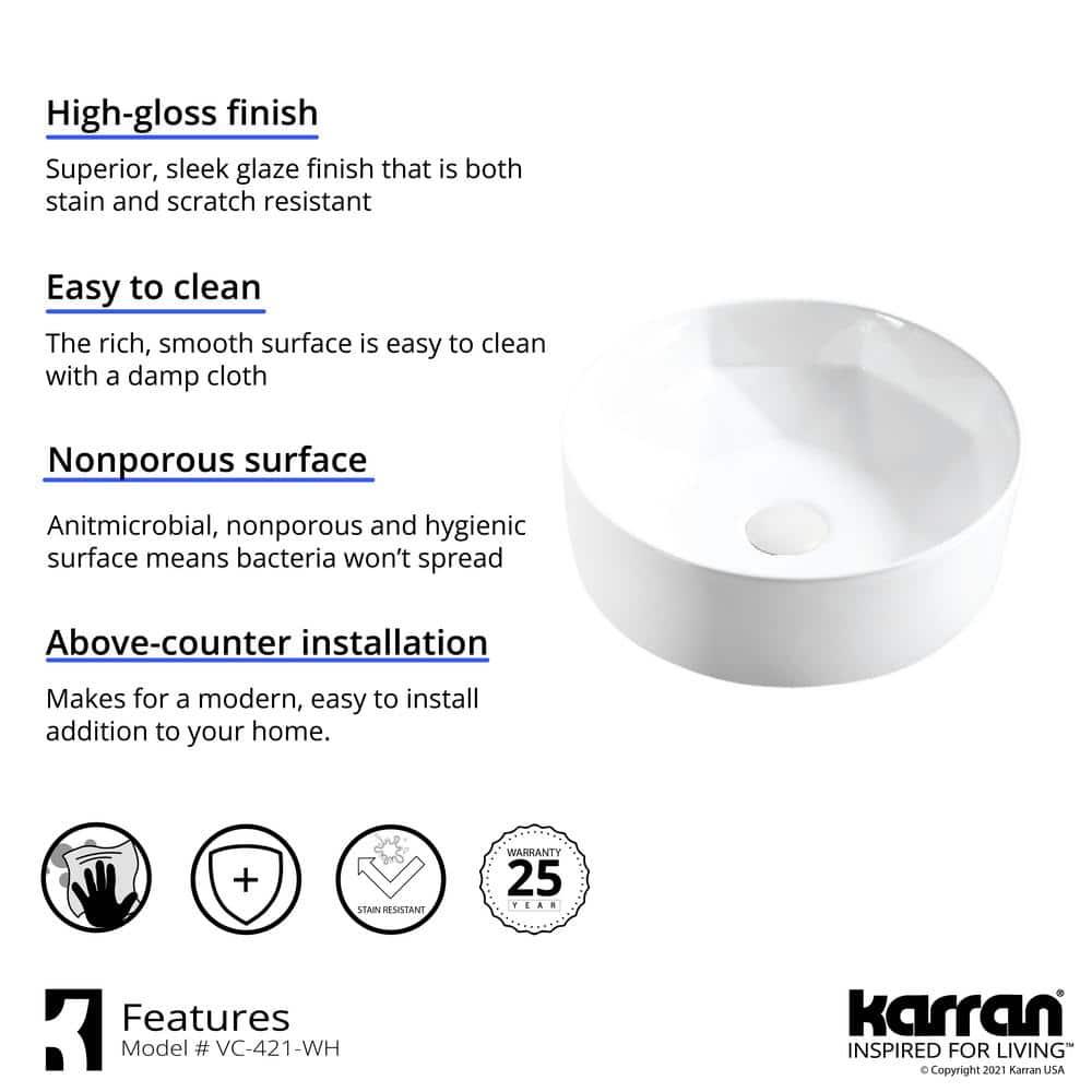 Karran VC-421-WH Karran Valera 16 In. Vitreous China Round Vessel Bathroom Sink