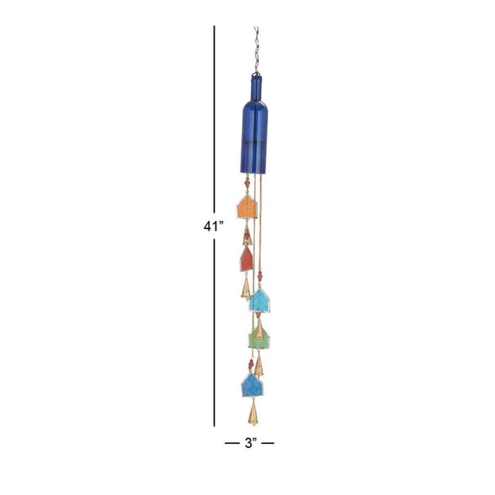 DecMode 41" Blue Glass Bottle Windchime with Beads and Cone Bells