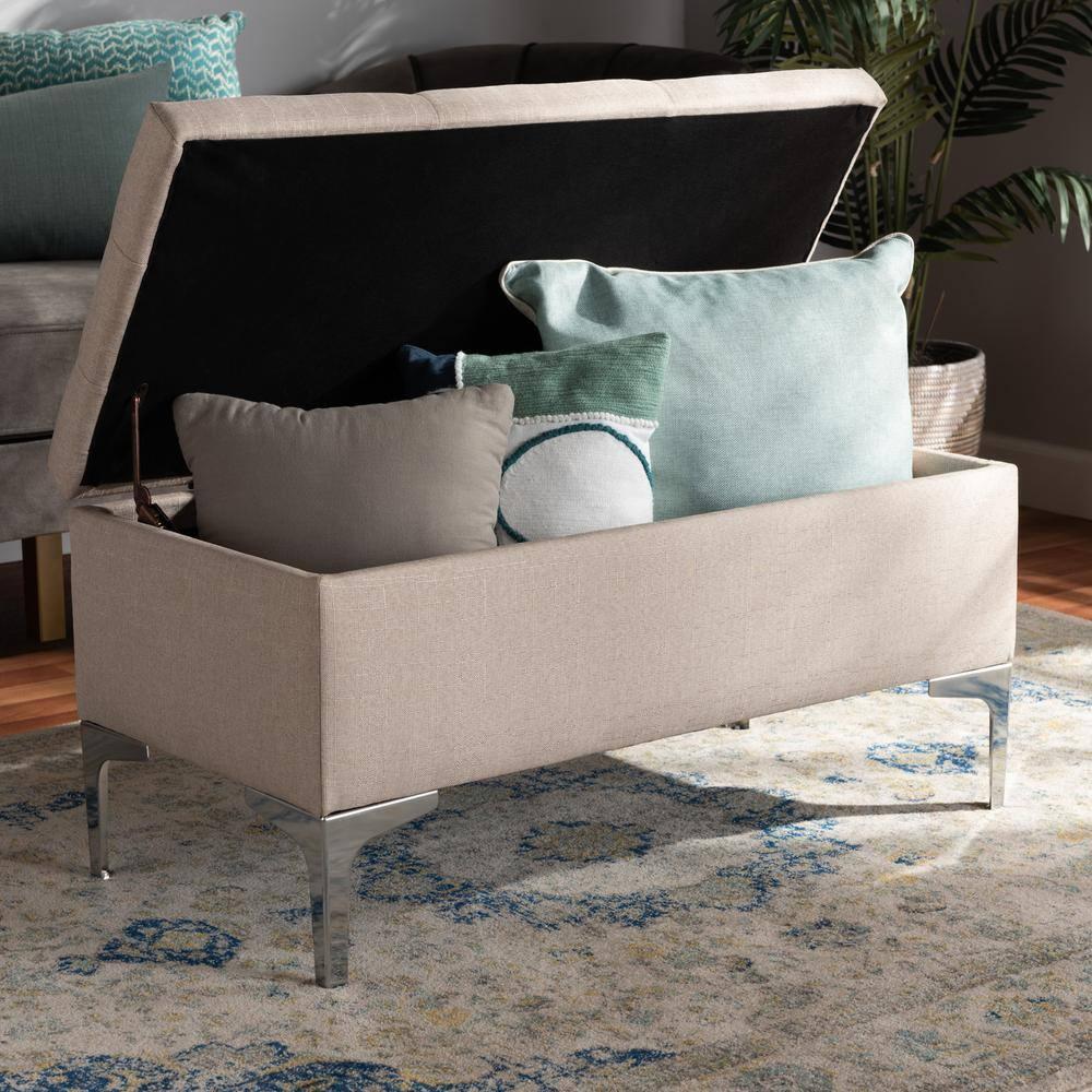 Mabel Fabric Upholstered Metal Storage Ottoman Silver - Baxton Studio