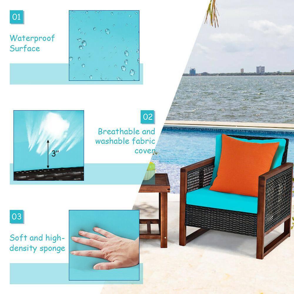 Patiojoy 3PCS Patio Rattan Bistro Set Acacia Wood Frame Sofa and Side Table Turquoise Cushions