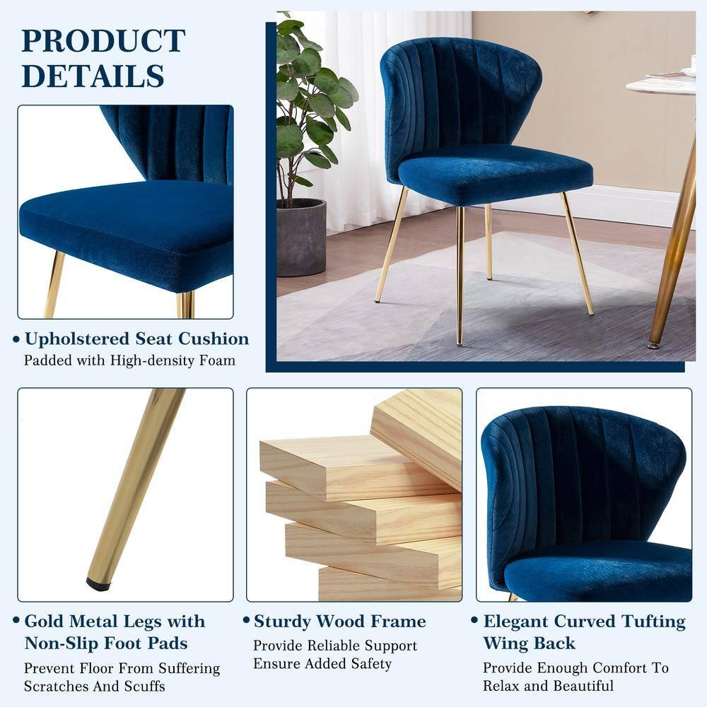 Home Velvet Dining Chairs Set of 2 Upholstered Wingback Accent Side Chairs Metal Legs Living Room Kitchen Navy