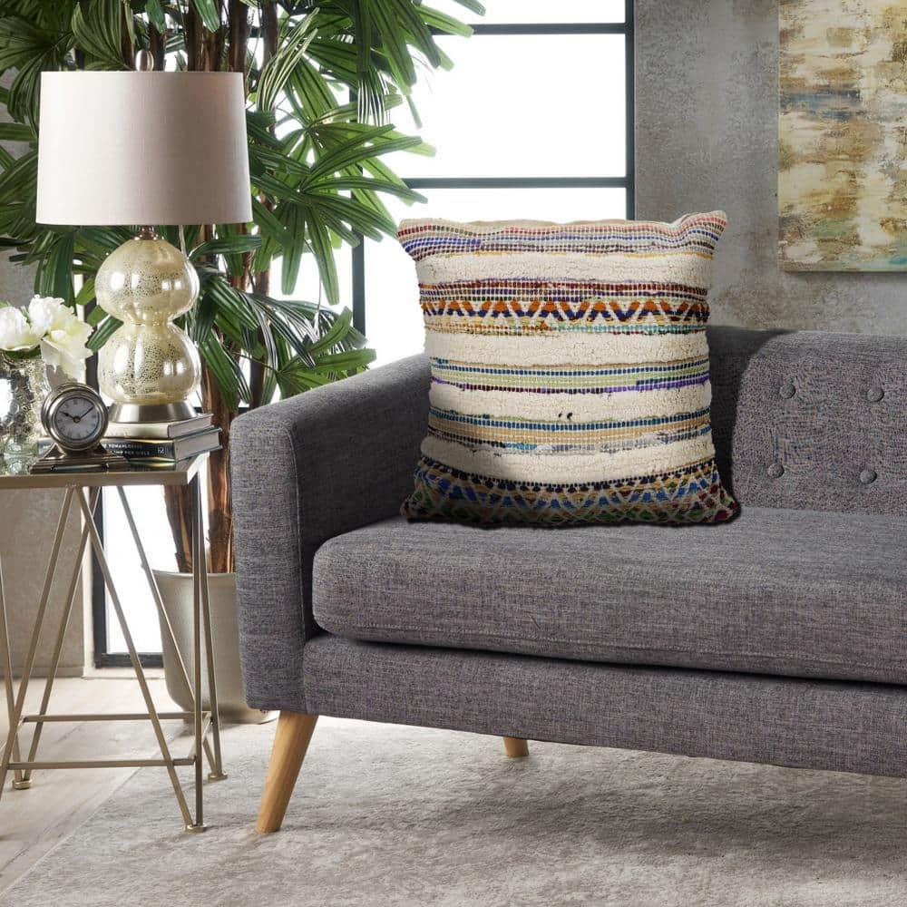 Evette Rios Dahlia Bohemian Multicolor Chevron Striped Chindi Handmade Pillow