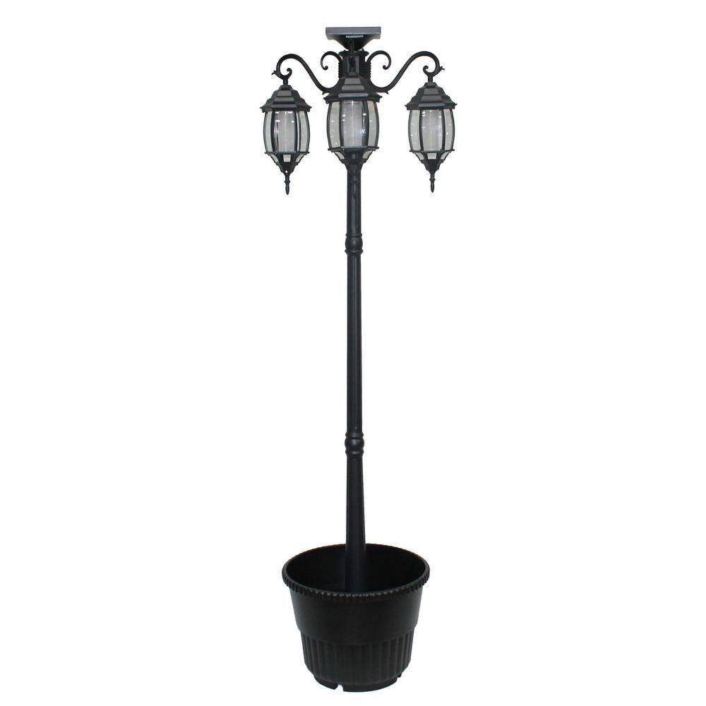 Madison 3-Light Black Integrated LED Solar Lamp Post and Planter