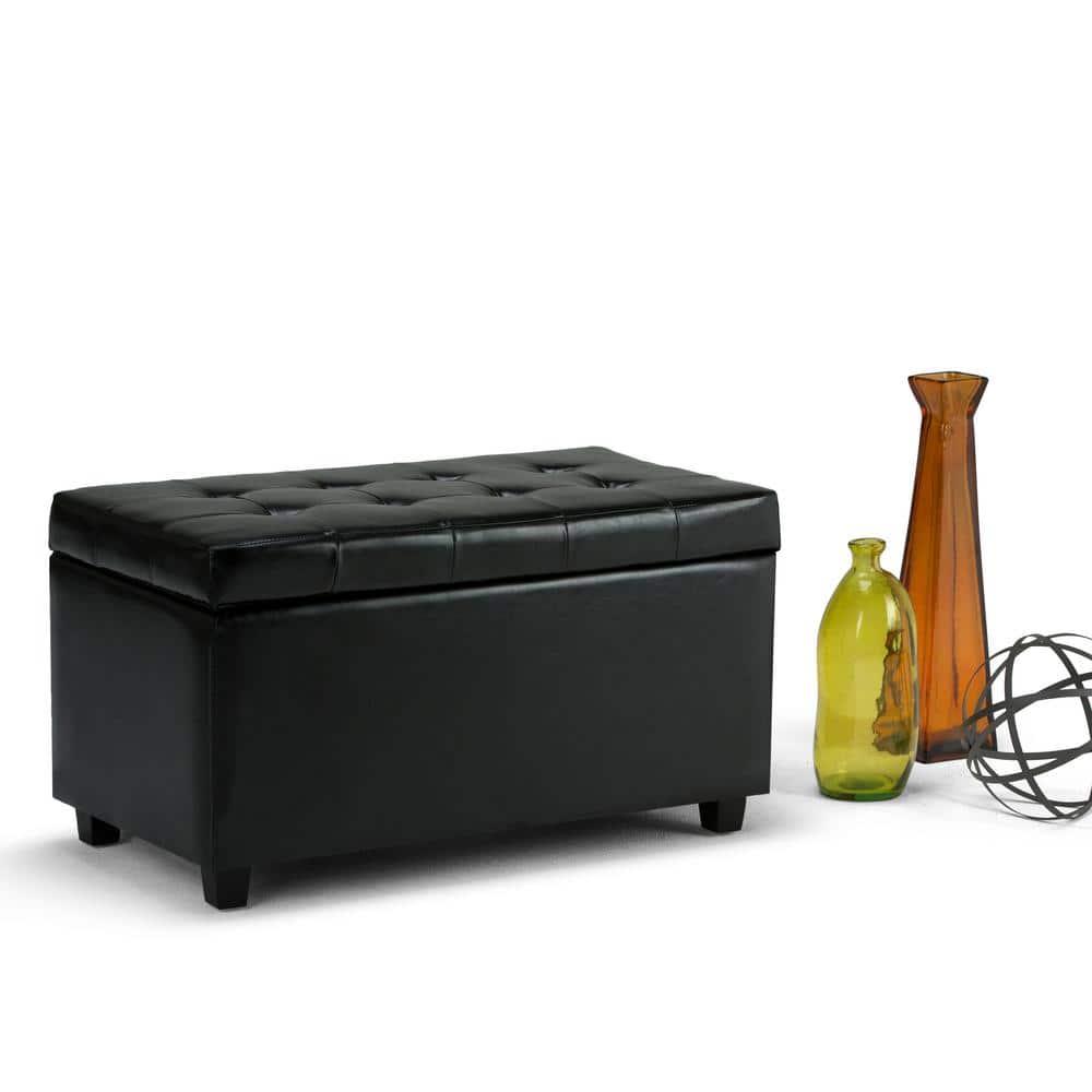 Simpli Home Cosmopolitan 34"W Upholstered Storage Ottoman with Tufted Design and Large Interior Storage