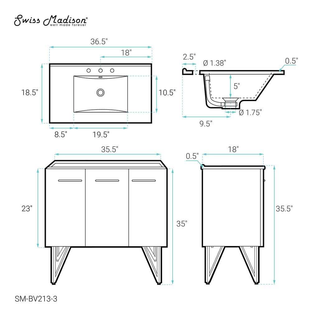 Annecy 36 In. White Bathroom Vanity With 3-Hole Ceramic Sink Top