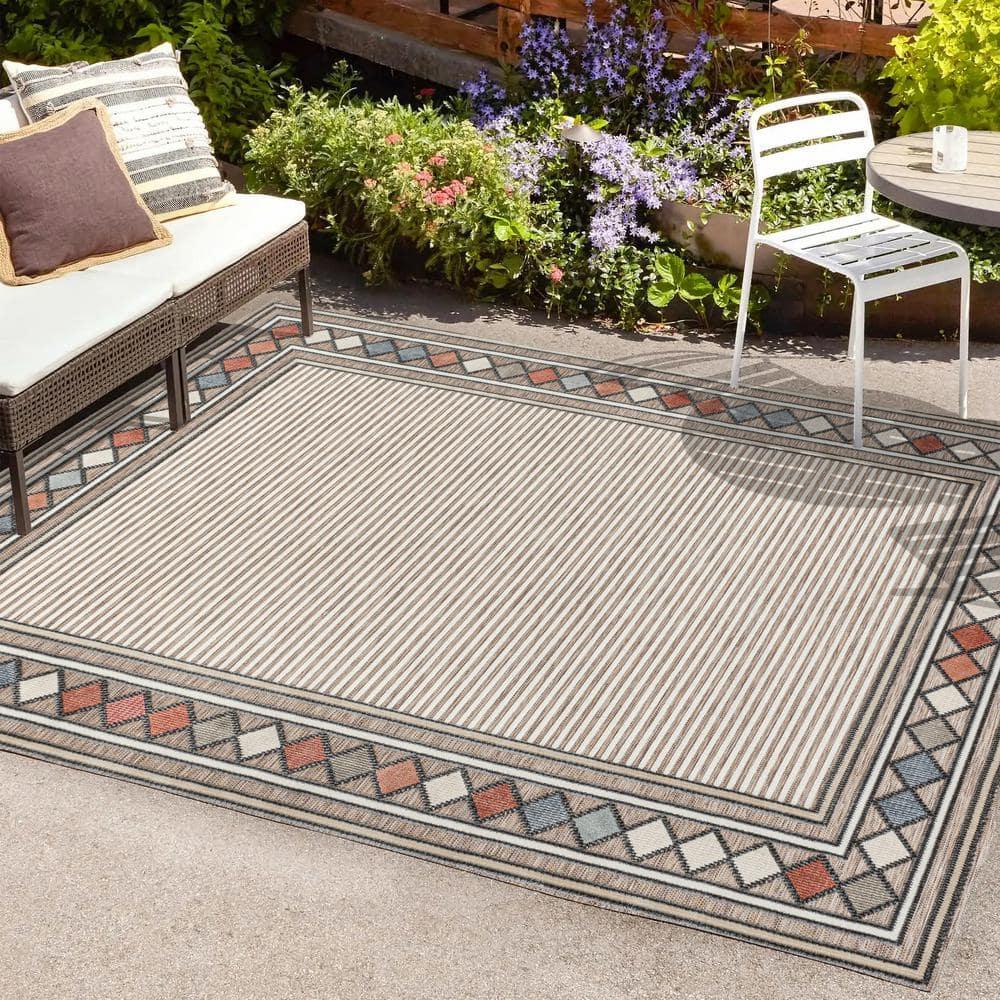 JONATHAN Y Sebastian High-Low Modern Diamond Border Brown/Ivory 3 ft. x 5 ft. Indoor/Outdoor Area Rug