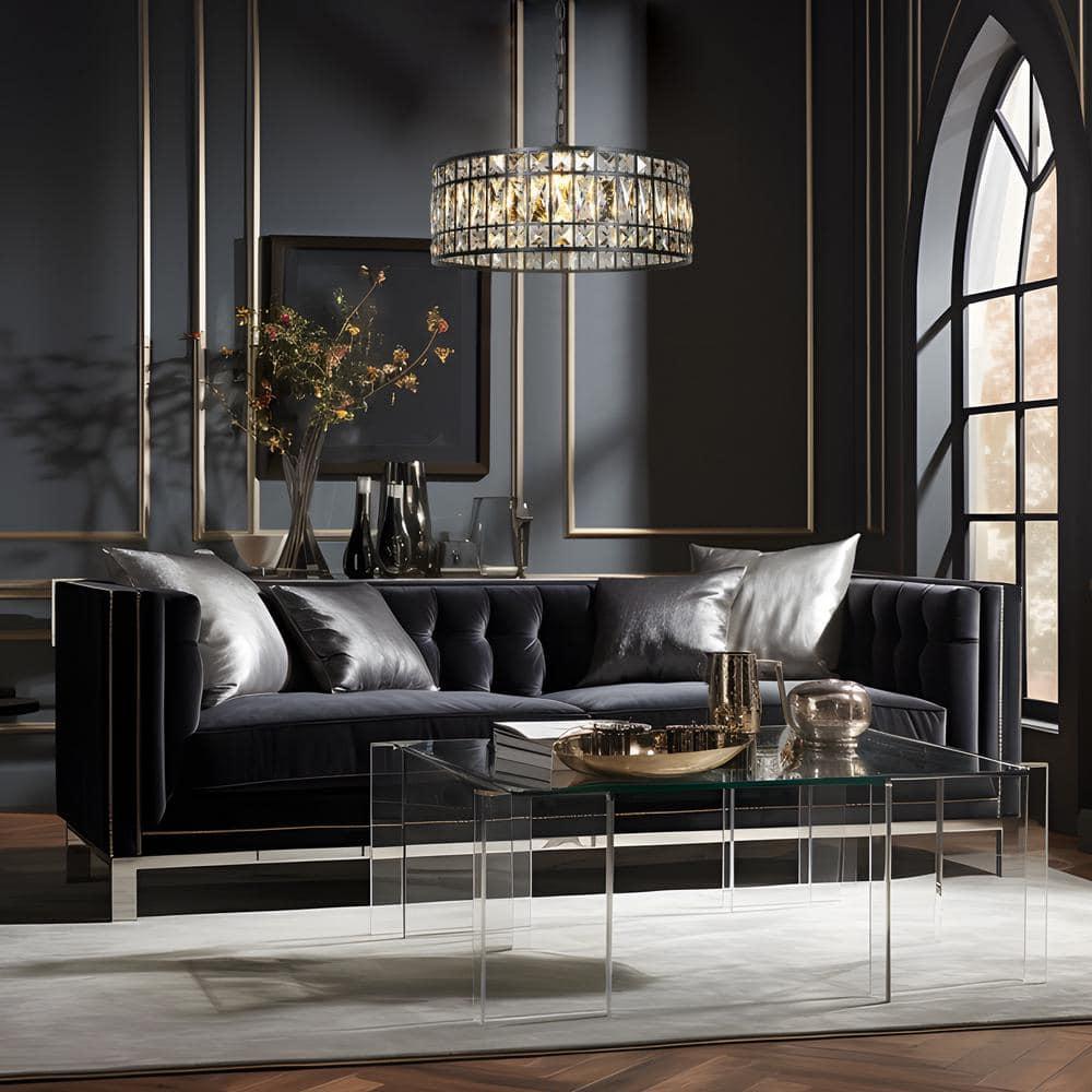 LNC Chispa 3-Light Matte Black Drum LED Dry Rated Chandelier: UL Listed, Adjustable Height, Crystal Decor