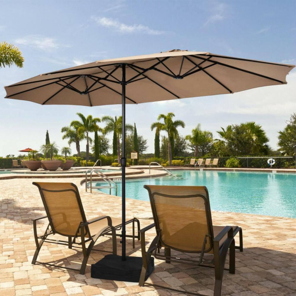 Costway 15FT Double-Sided Twin Patio Umbrella Outdoor Market W/ Crank & Base Coffee