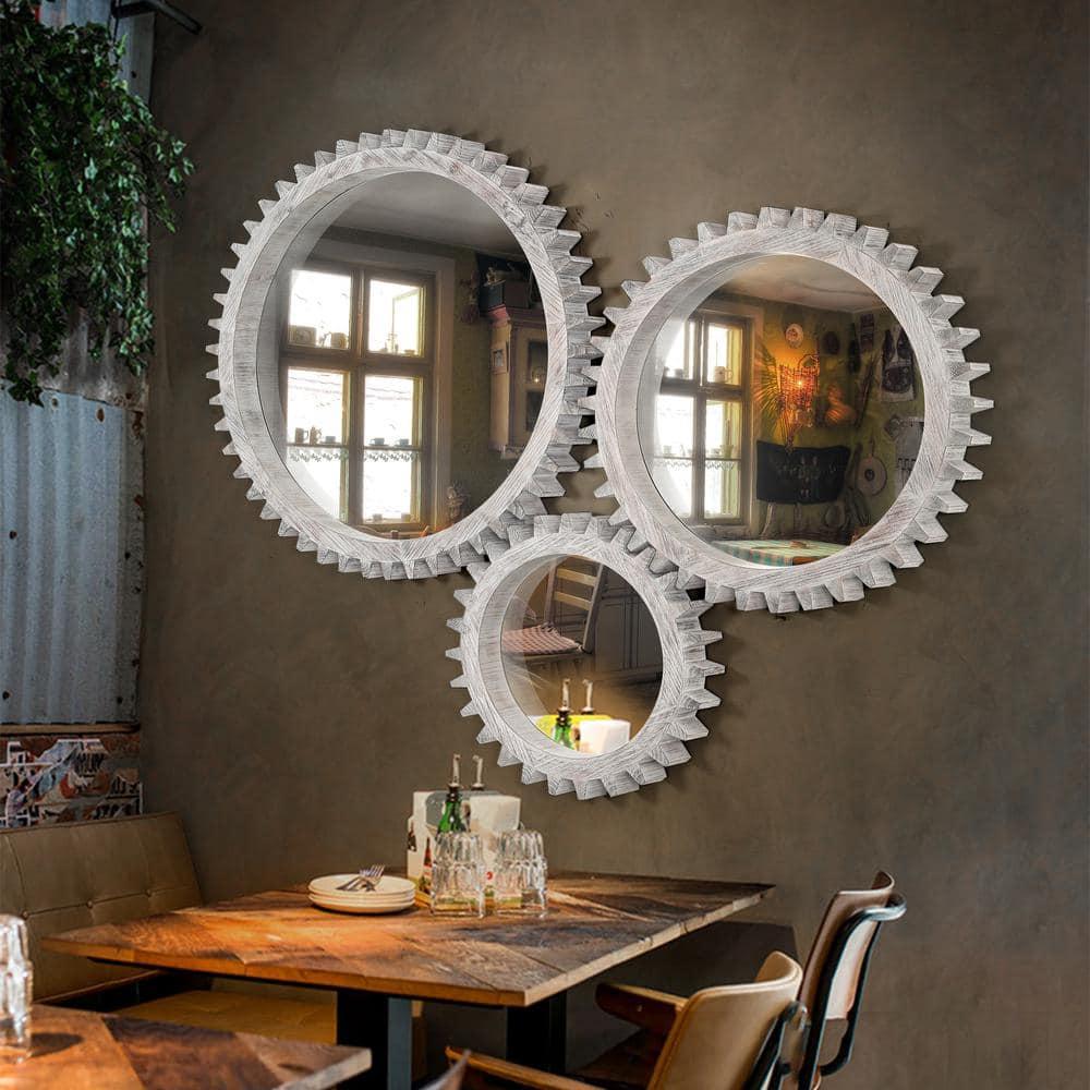 17 Stories Vintage 34'' X 34'' Wood Round Hanging Gear Shape Heavy Decorative Mirror For Bathroom Living Room Entryway Or Put Together To Your Liking
