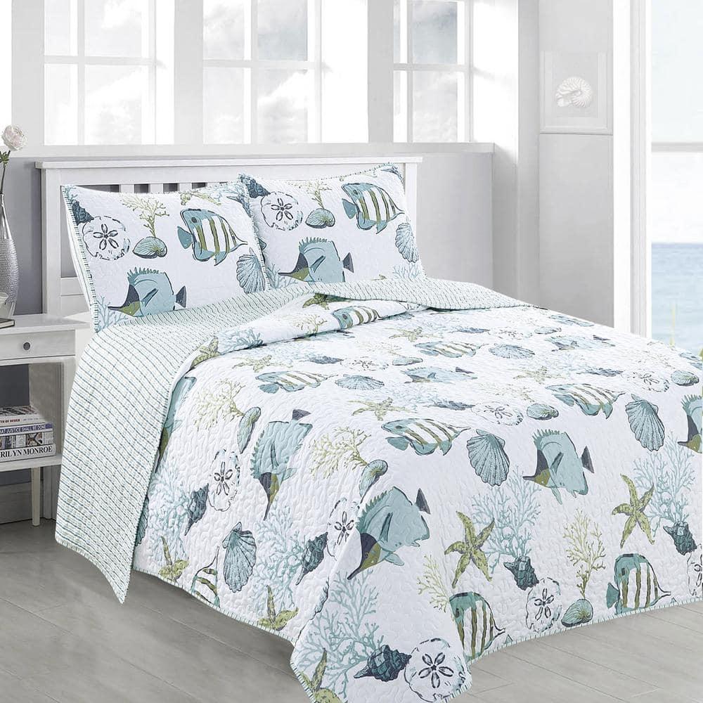 Blue / Green Fish & Seashell Quilt Set with Shams