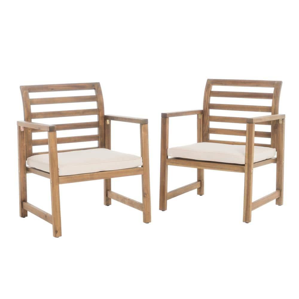 Natural Acacia Wood Lounge Chairs with White Cushions, Set of 2