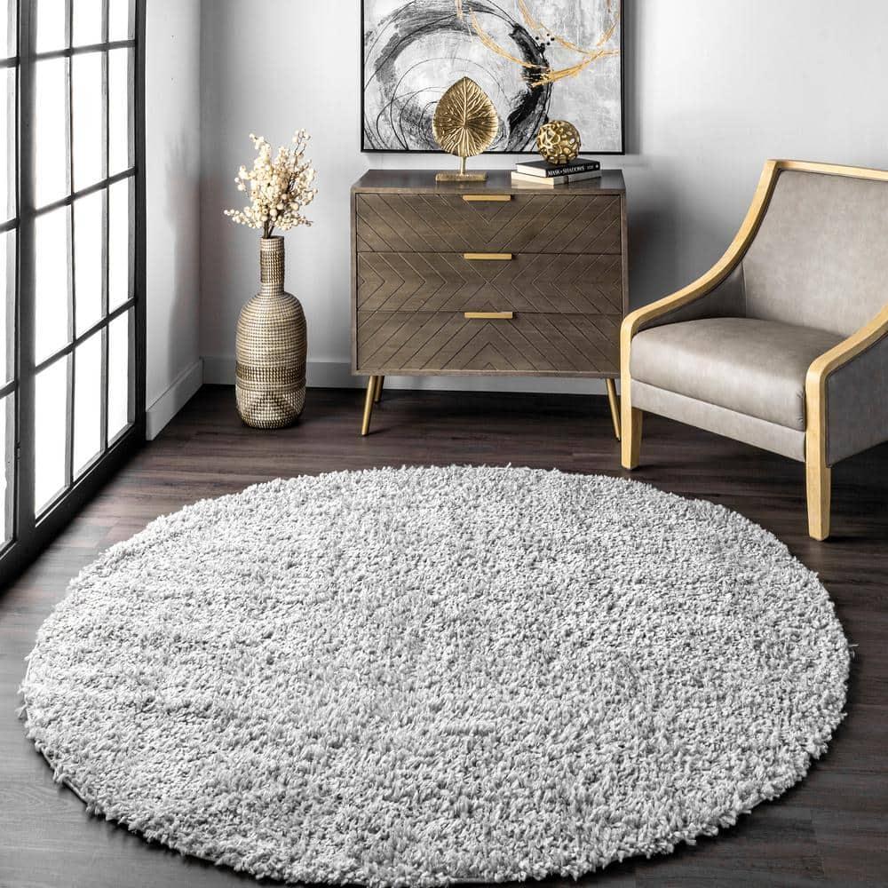 Nuloom Kara Solid 8 Round Shag Indoor Area Rug for Living Room Bedroom Dining Room Nursery, Grey/Ivory