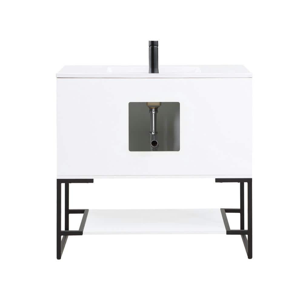 36" Scarsdale Bathroom Vanity Sink White - Manhattan Comfort: Ceramic Surface, Wood Frame, Single Basin