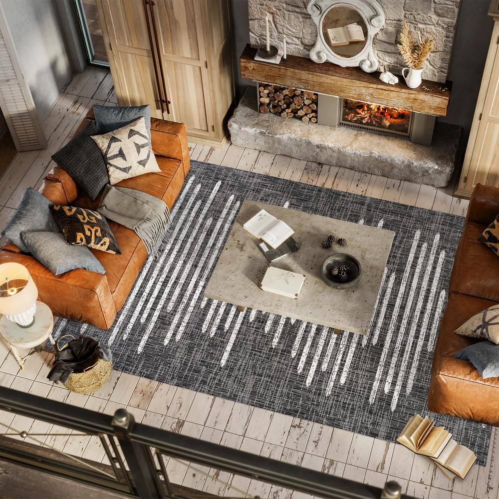 3'x5' Zolak Berber Stripe Geometric Indoor/Outdoor Area Rug, Black/Ivory - JONATHAN Y