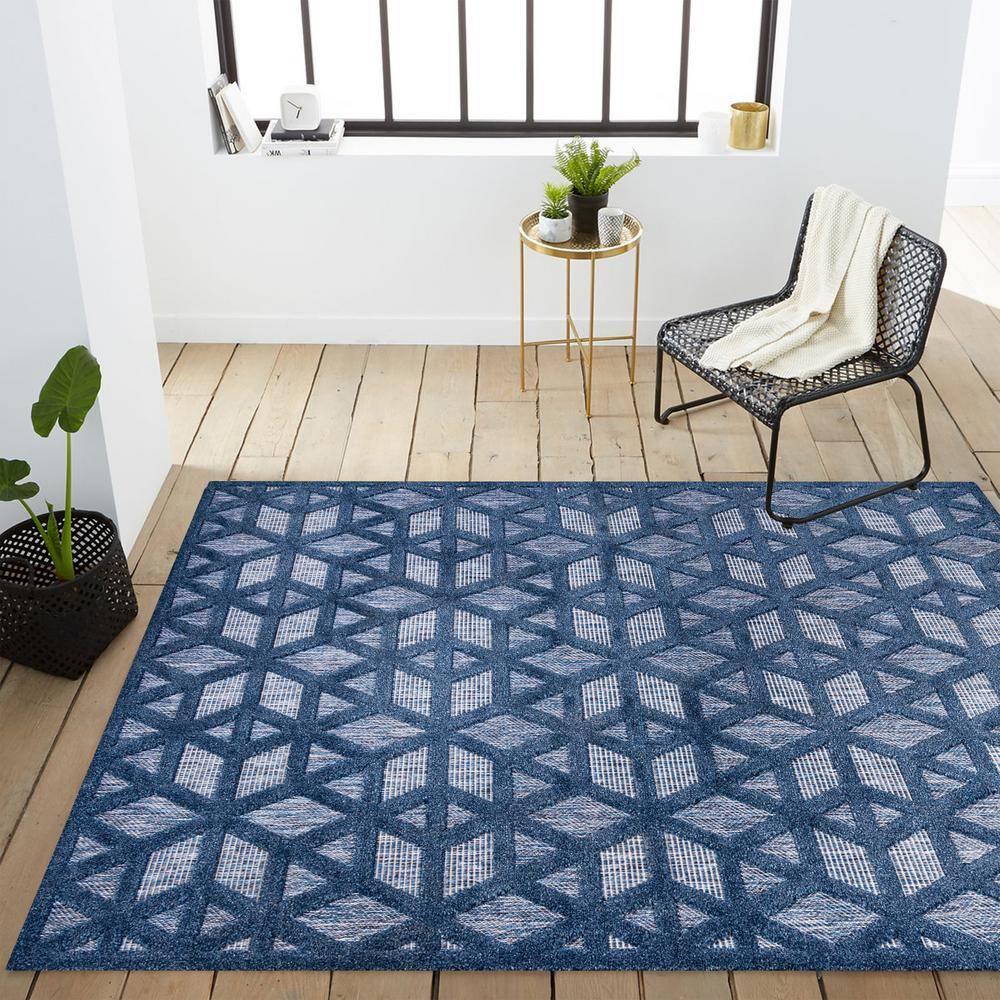 8'x10' Talaia Neutral Geometric Indoor/Outdoor Area Rug, Navy - JONATHAN Y