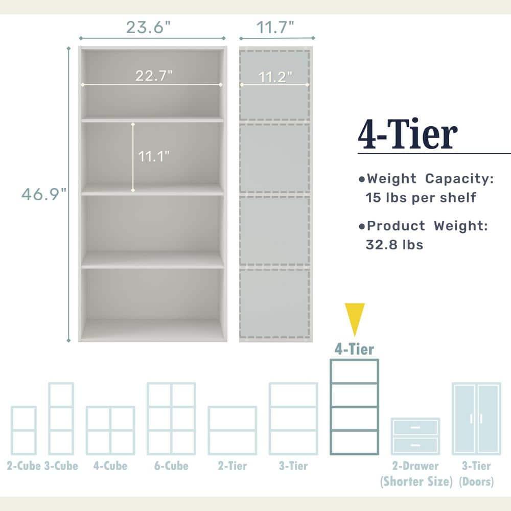 24/7 Shop At Home 46.9" Silkpath Modern 4 Tier Stackable and Modular Bookcase White: Modular Organizer, Open Shelving