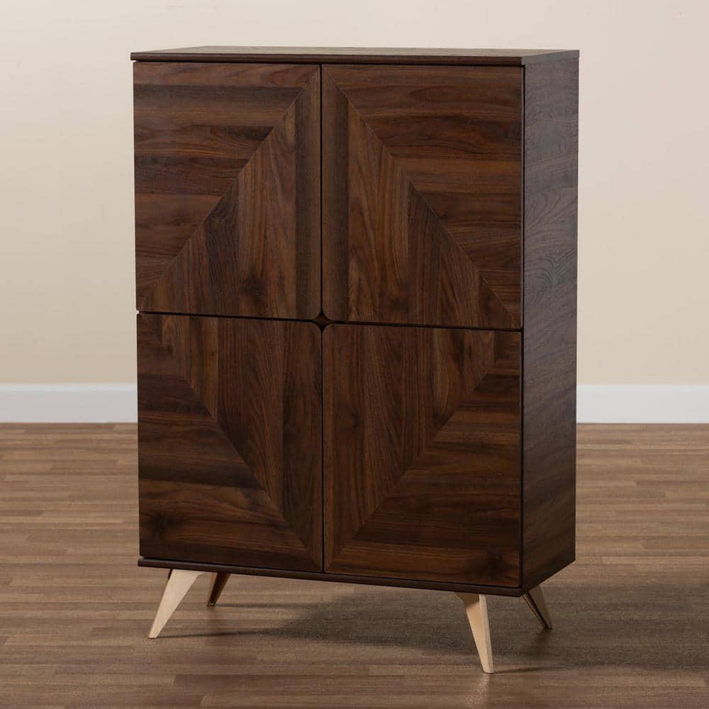 Graceland Wood Shoe Cabinet Walnut Brown/Gold - Baxton Studio: Mid-Century Design, 6 Shelves, Organizes 18 Pairs