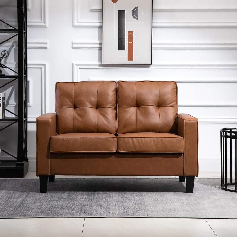 51" Wide Loveseat with Armrest,Tufted PU Leather Double Sofa, 2-Seater Sofa,Brown